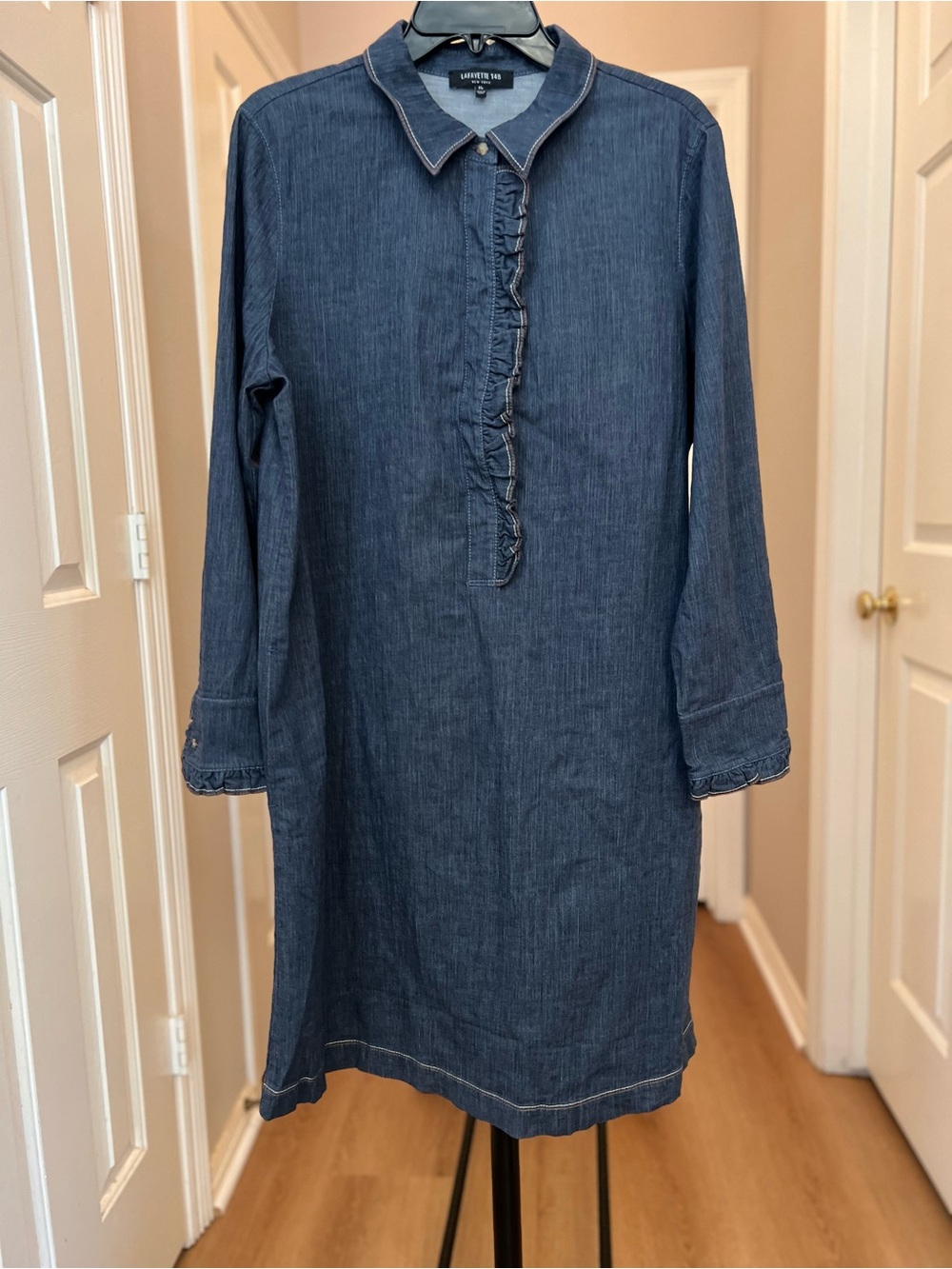 Vintage Lafayette 148 New York Denim-Effect Ruffle Shirt Dress